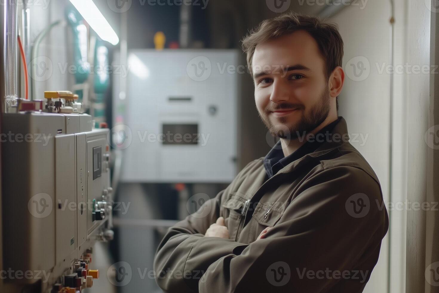 A confident young mechanical engineer man stands with crossed arms in an industrial setting, surrounded by machinery and control panels. He has a friendly smile and is wearing a work jacket. photo