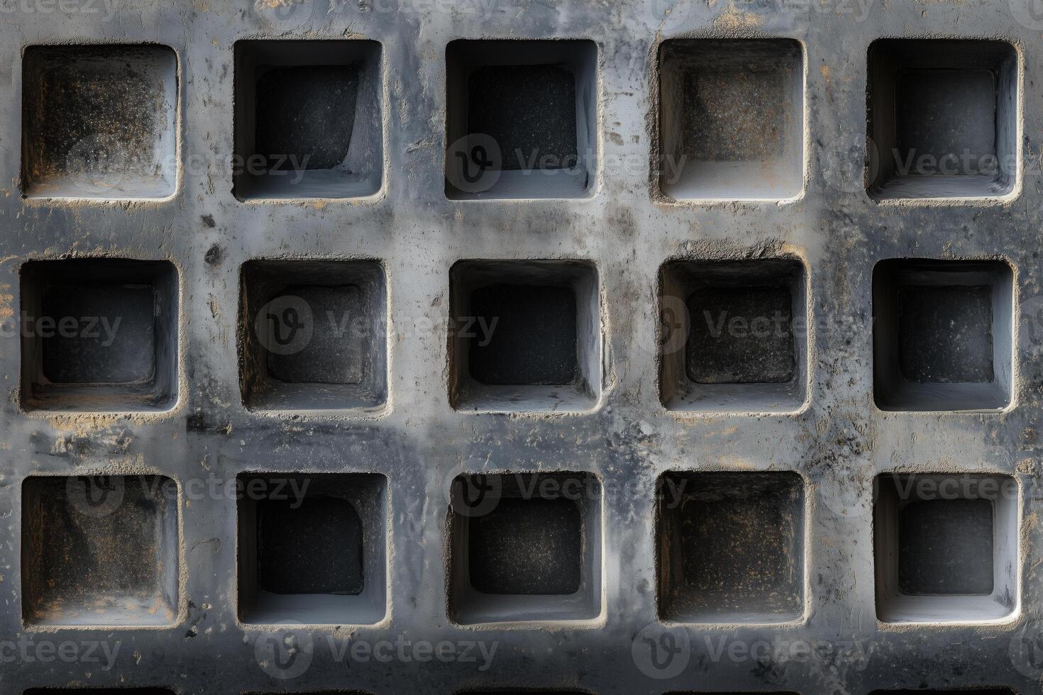 Seamless textured surface featuring a grid of square depressions, showcasing a weathered and industrial appearance with dark tones and subtle dirt. photo