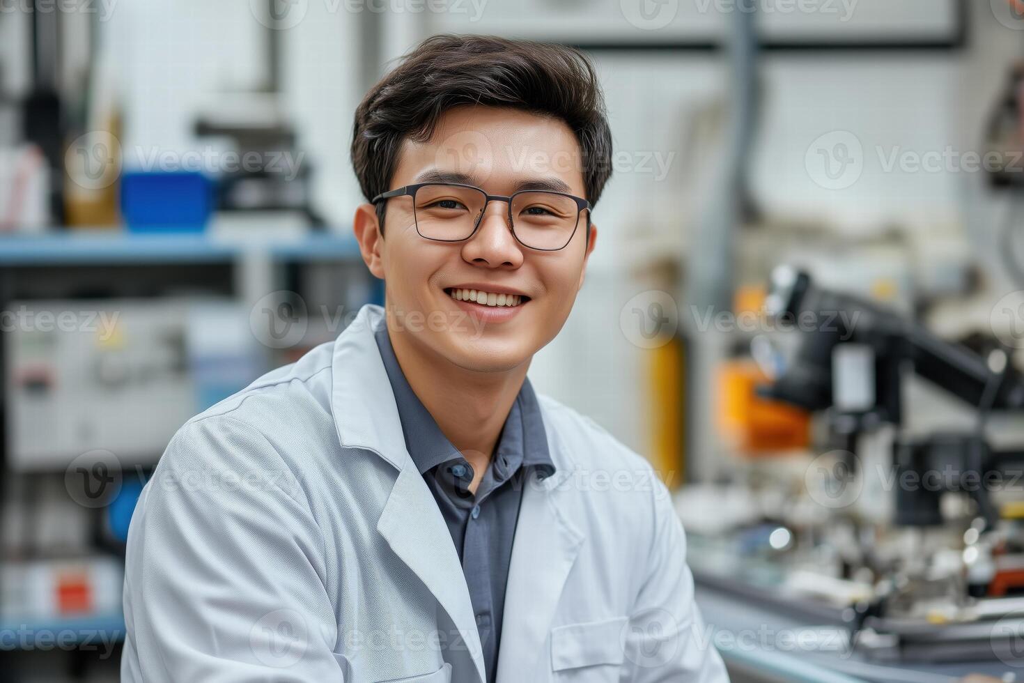 A young male service engineer scientist in a lab coat smiles at the camera. He is in a laboratory filled with scientific equipment and tools, showcasing a friendly and professional demeanor. photo
