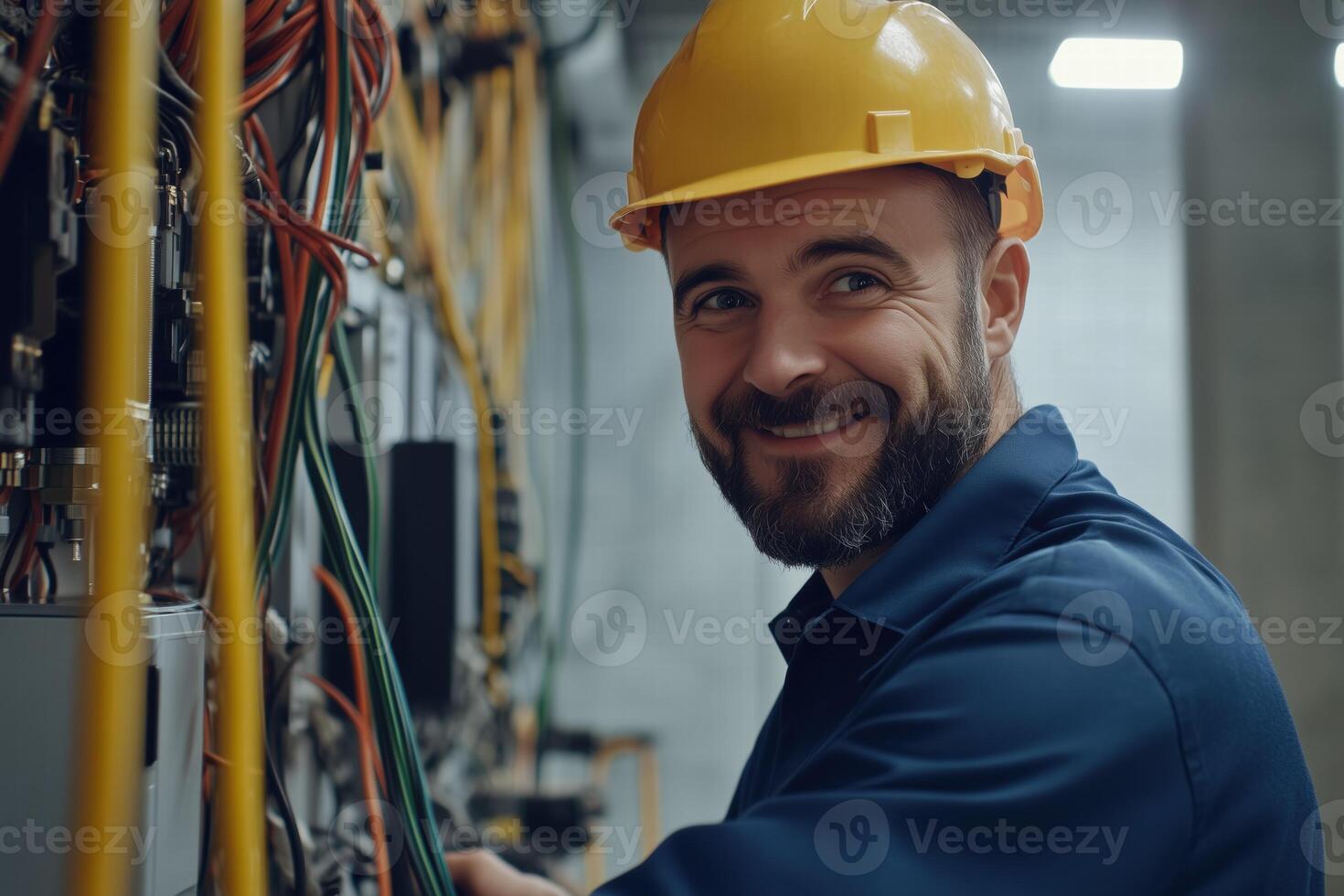 A smiling man in a hard hat standing in front of electrical equipment photo