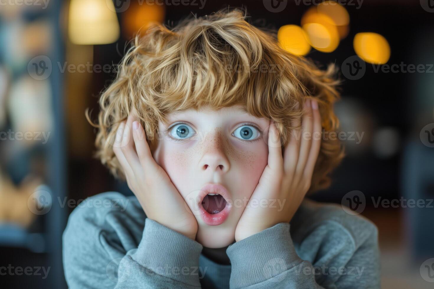 A young boy with a shocked expression photo