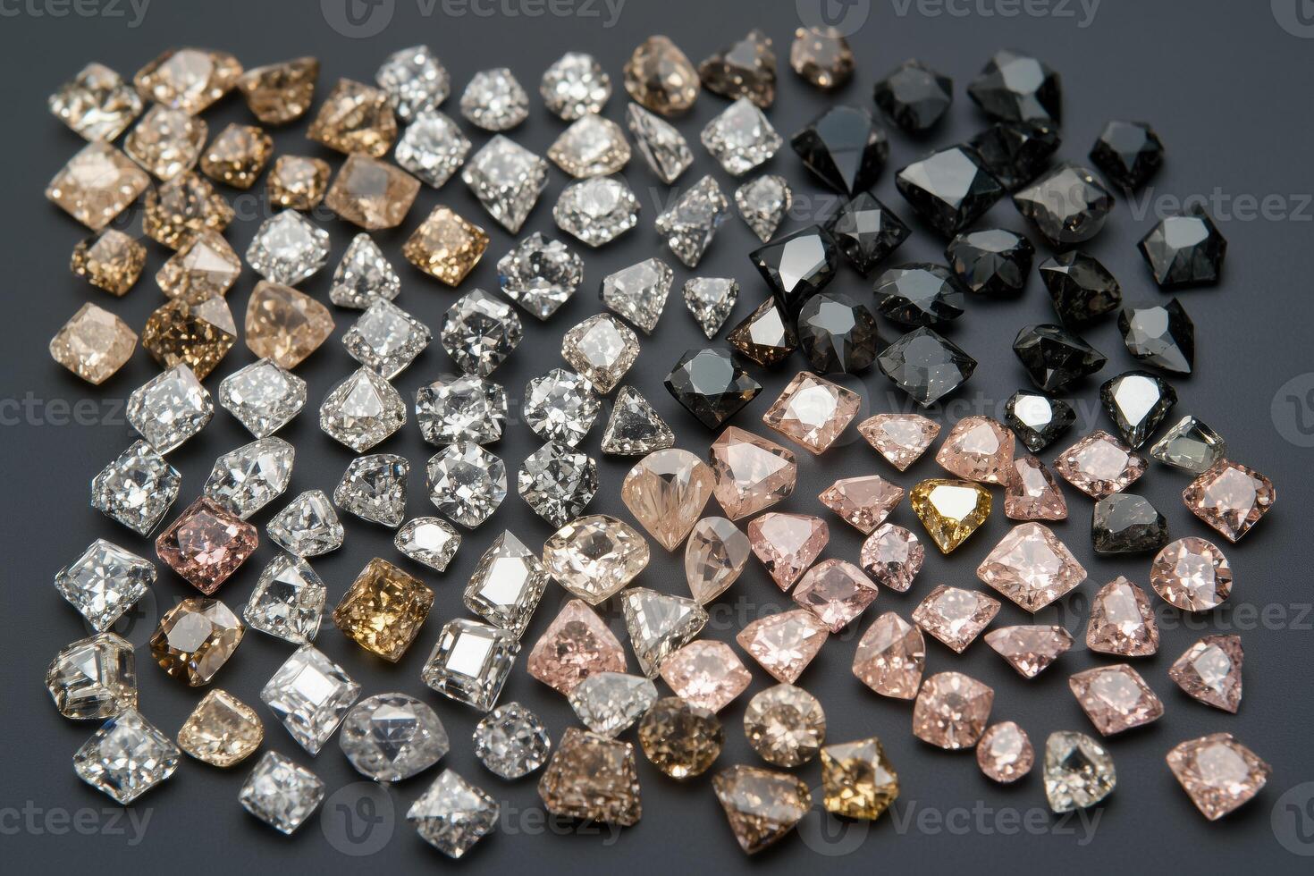 A collection of various gemstones arranged in a visually appealing pattern. The stones include clear, pink, brown, and black diamonds, showcasing their unique shapes and colors. photo