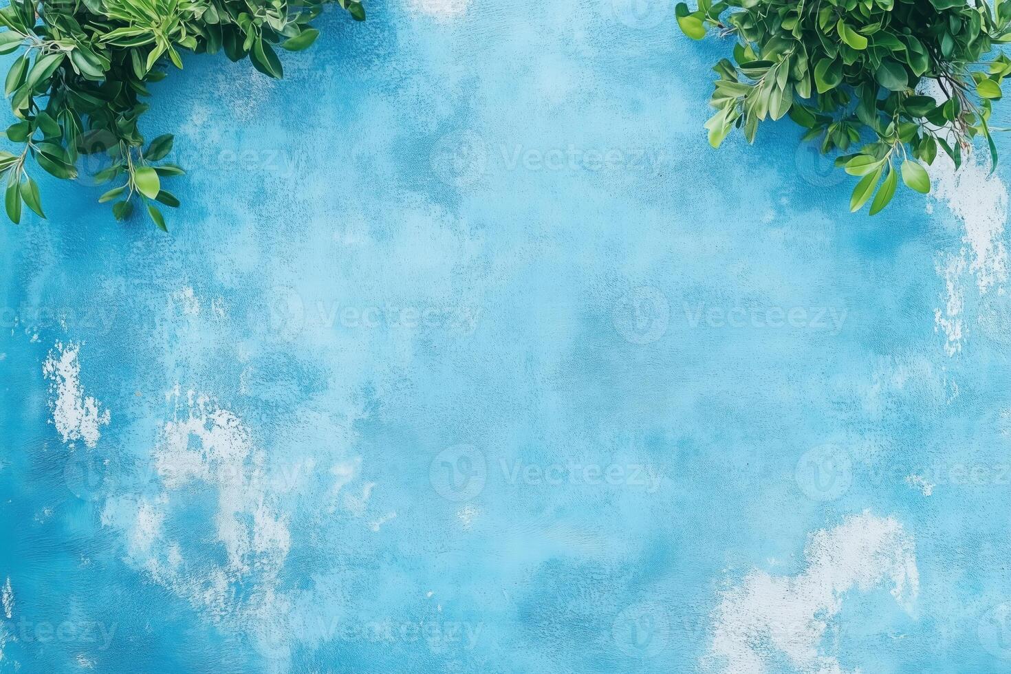 A vibrant blue textured background with two green leafy plants at the top corners, creating a fresh and inviting atmosphere. photo