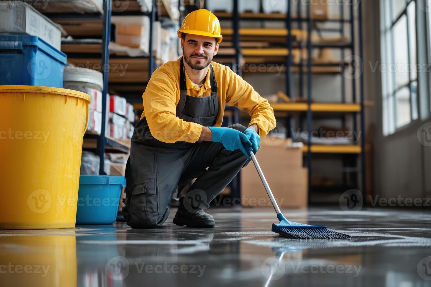 A man in a yellow shirt and hard hat cleaning a warehouse floor photo