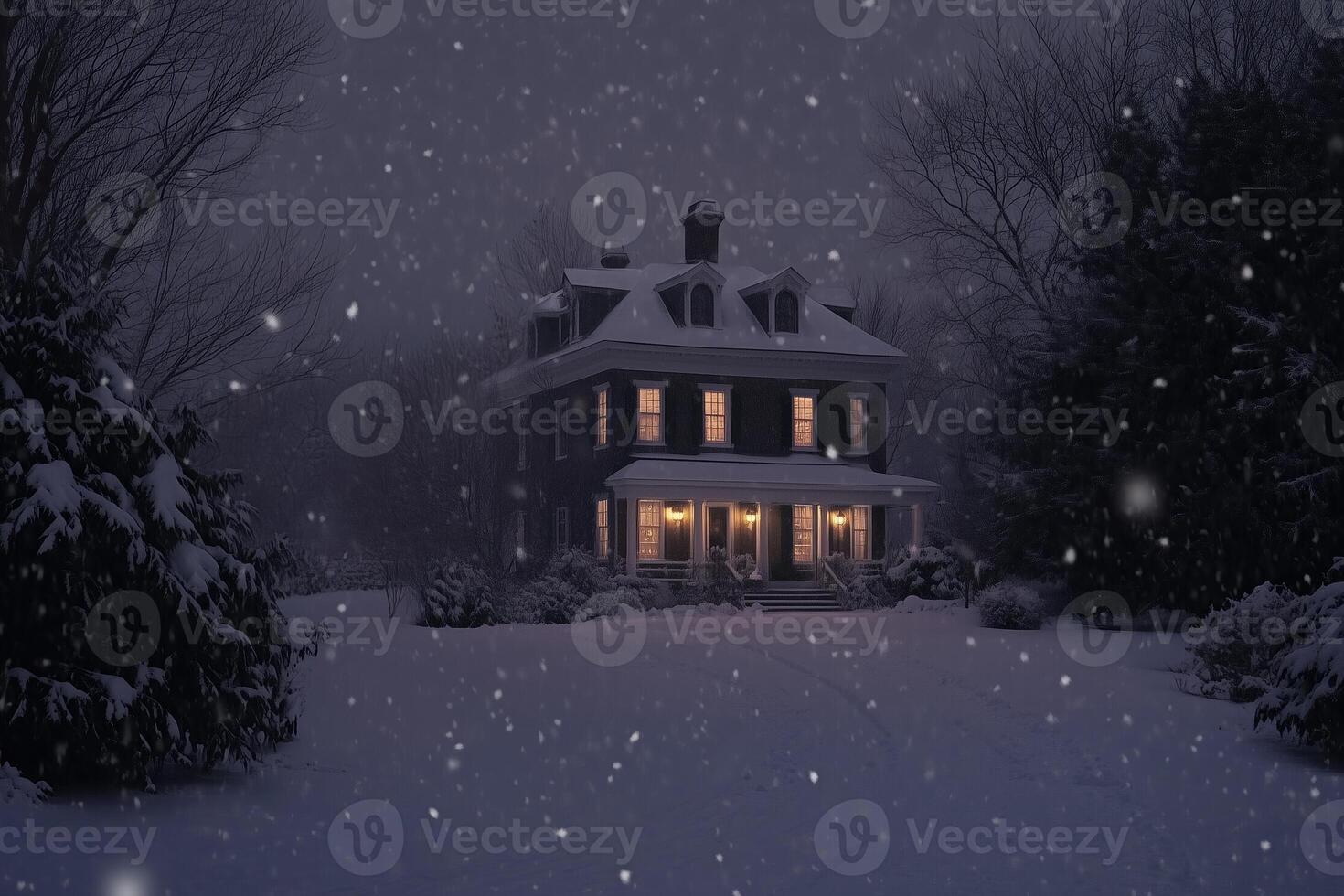 A cozy, dark Colonial house style illuminated by warm lights, surrounded by snow-covered trees in a snowy landscape at night. Snowflakes gently fall, creating a serene winter atmosphere. photo