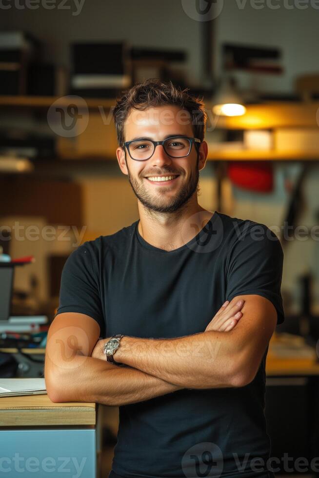 Portrait of a young man with glasses standing in front of a desk in his office photo