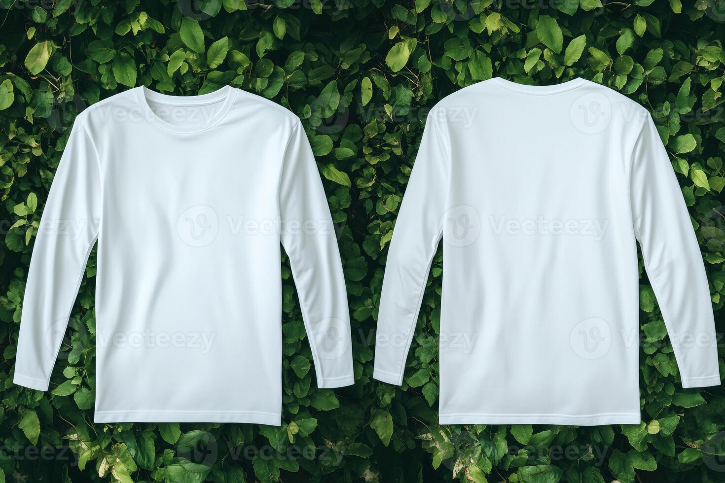 Two white long - sleeved t - shirts mock up on a green background photo