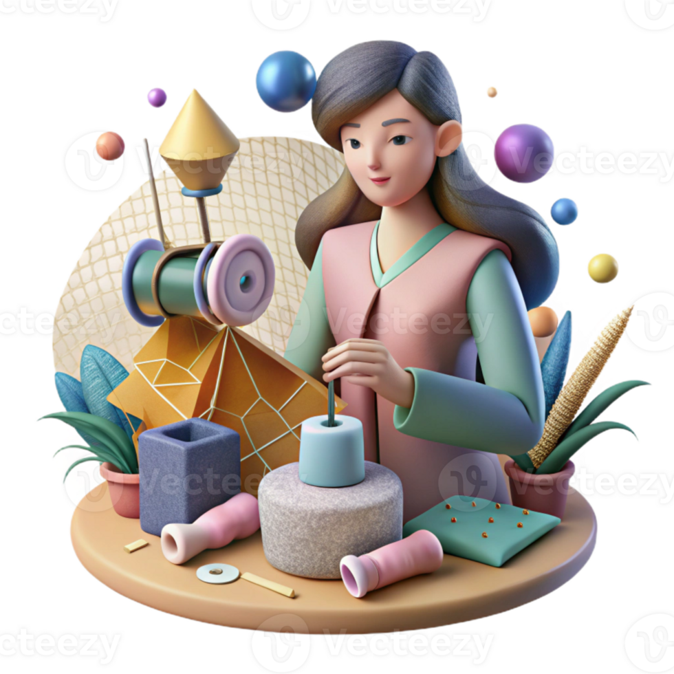 beautiful artistic Impressionist Woman Sewing Isolated premium png