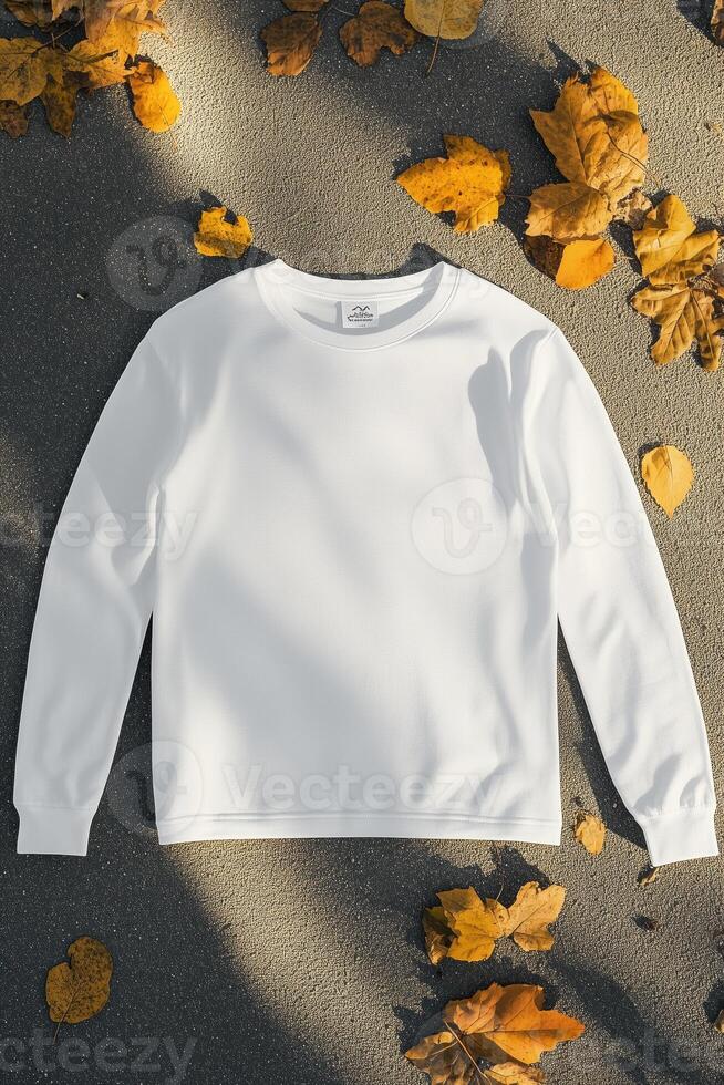 White sweatshirt laying on the ground with leaves photo