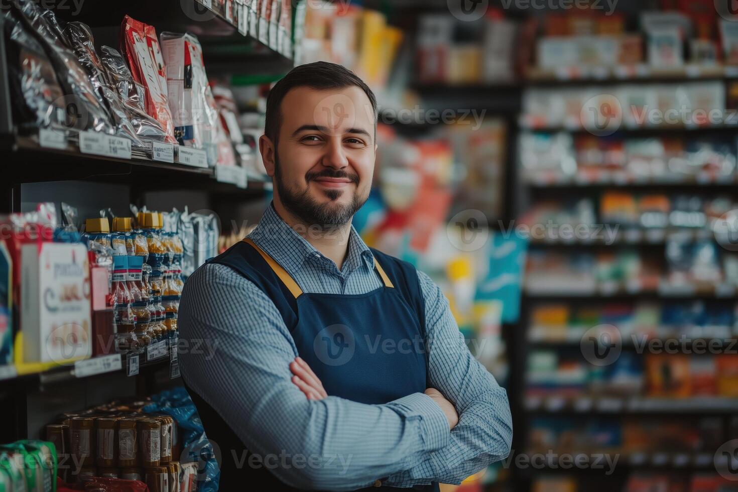 A smiling man standing in front of shelves in a supermarket photo