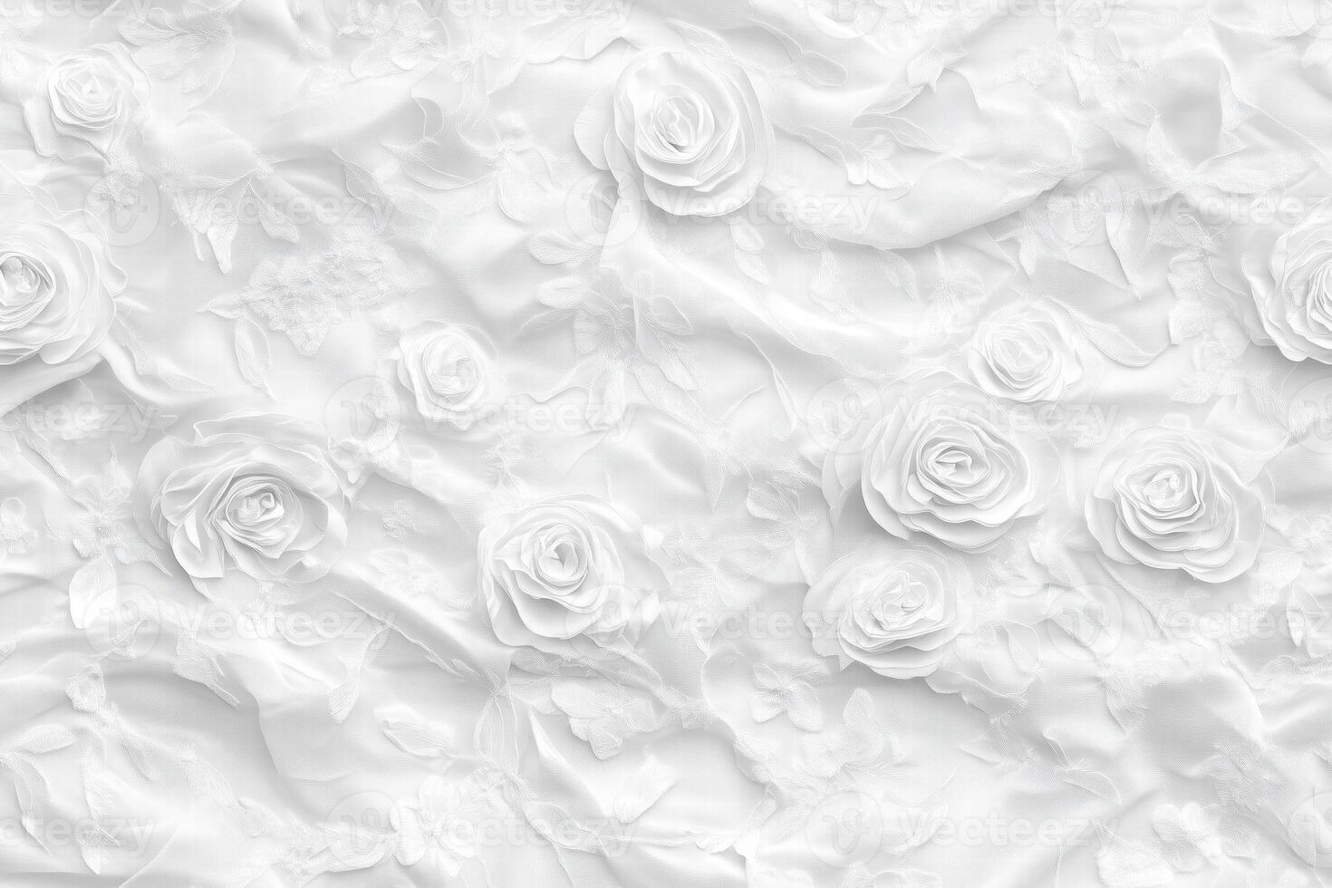 Seamless textured white background featuring delicate fabric and white roses, creating an elegant and soft aesthetic. Ideal for wedding or romantic themes. Wedding texture background. photo