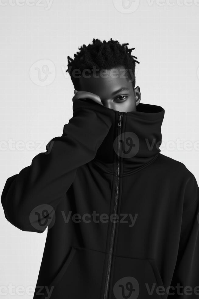 A black man wearing a hoodie and a black jacket photo