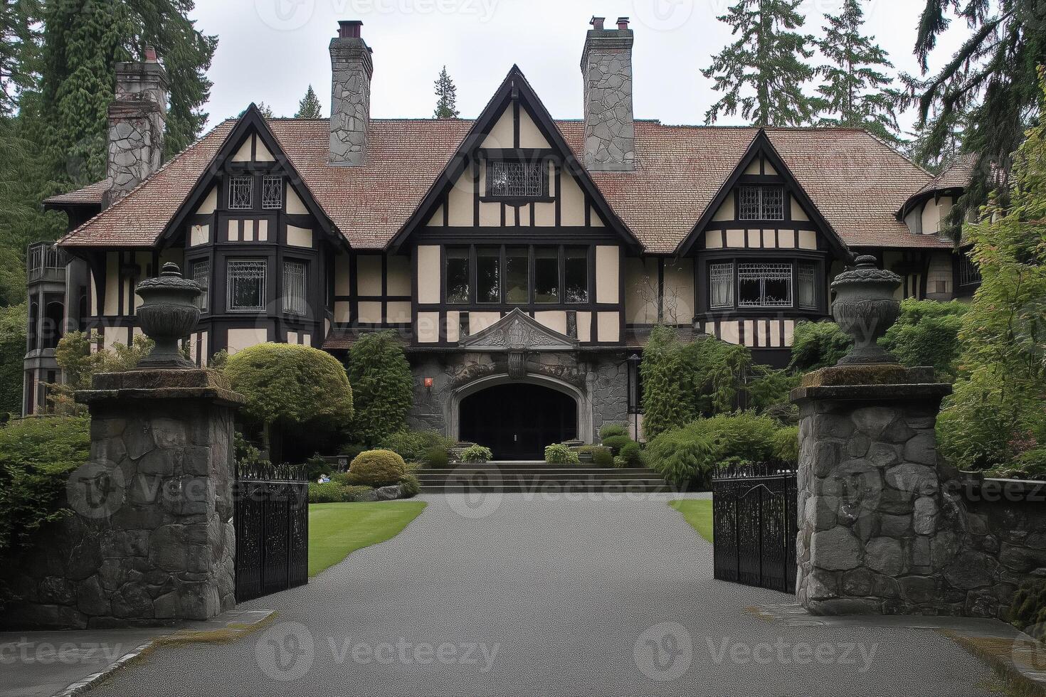 A grand, historic mansion with a Tudor architectural style, featuring dark wooden beams and a stone facade. The entrance is flanked by large stone urns and lush greenery, set in a serene landscape. photo