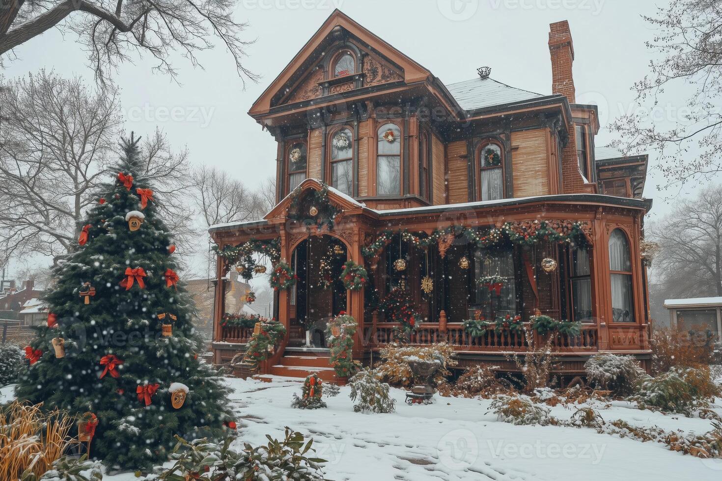 A large victorian house with a christmas tree in the front yard photo