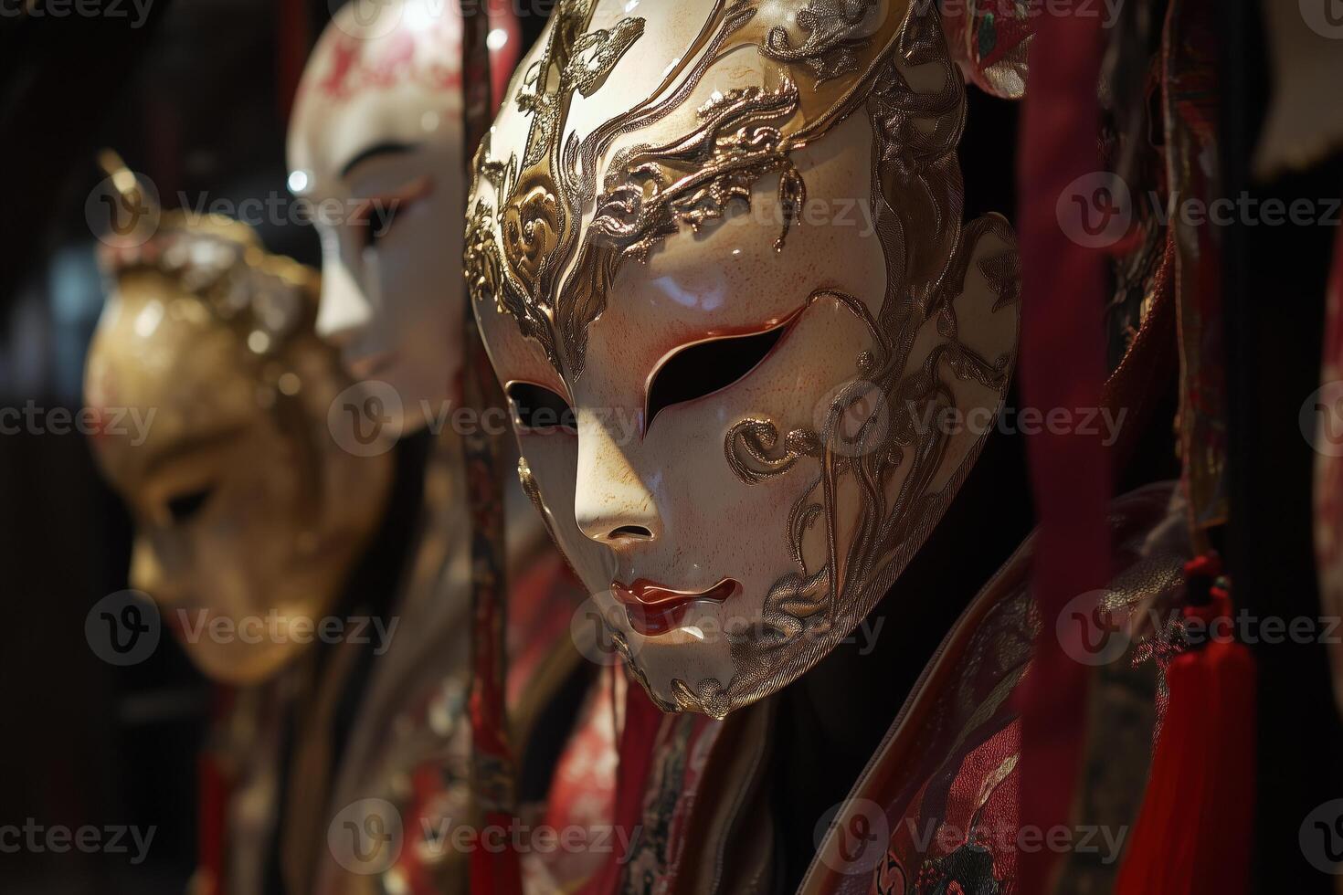 A row of masks with red and gold decorations photo
