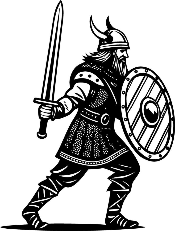 Viking Warrior Holding Sword and Shield in Battle Stance for Tattoo Design and Coloring Book vector