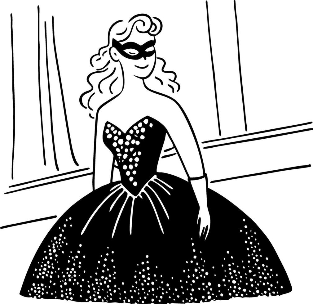 Elegant Woman in Sparkly Black Ball Gown with Mask for Fashion Illustration and Coloring Books vector