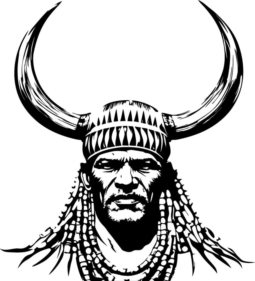 Powerful Native Warrior with Horned Helmet and Beads for Tattoo and Decoration Design vector