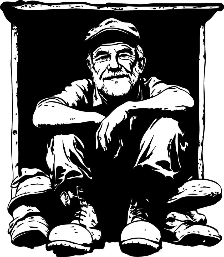 Elderly Man Sitting in Shadowy Doorway with Cap and Work Boots Reflecting Resilience and Wisdom vector