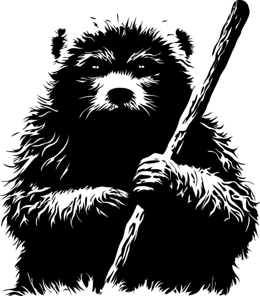 Detailed Bear Illustration Holding Stick for Tattoo Design and Coloring Book vector