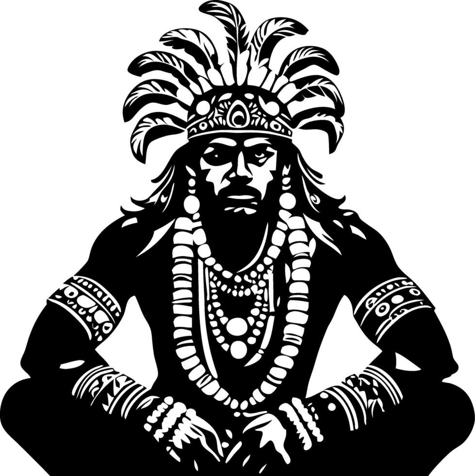 Majestic Indigenous Warrior Sitting in Meditation with Ornate Jewelry and Feathered Headdress vector