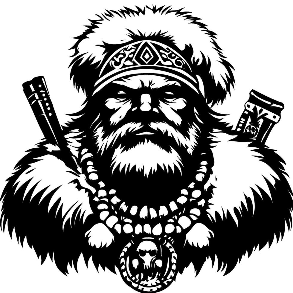 Fierce Viking Warrior with Beard and Fur Cloak Tattoo Design for Illustration and Coloring vector