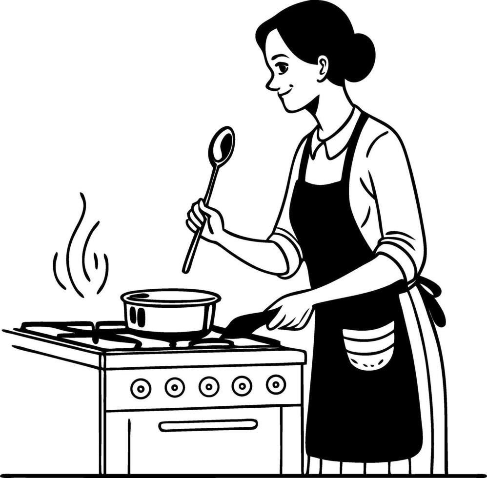 Woman Cooking on Gas Stove with Spoon in Hand and Steam Rising from Pot vector