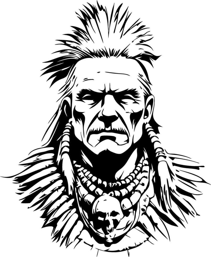 Majestic Native American Warrior Portrait with Traditional Attire and Skull Necklace Design vector