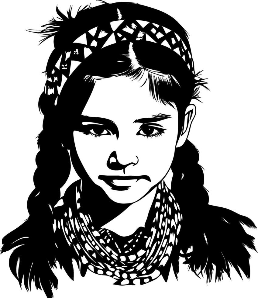 Native Girl Portrait with Braided Hair and Traditional Accessories for Cultural Art Projects vector