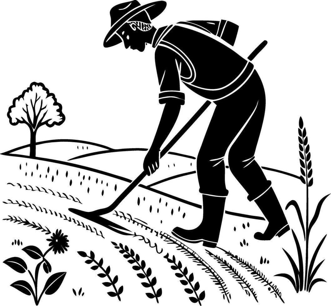 Vintage Farmer Tilling Soil in a Fertile Landscape with Plants and Trees for Agricultural Designs vector