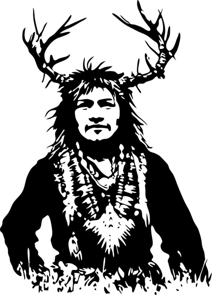 Mystical Warrior with Antlers and Tribal Necklaces Symbolizing Nature and Spirituality vector