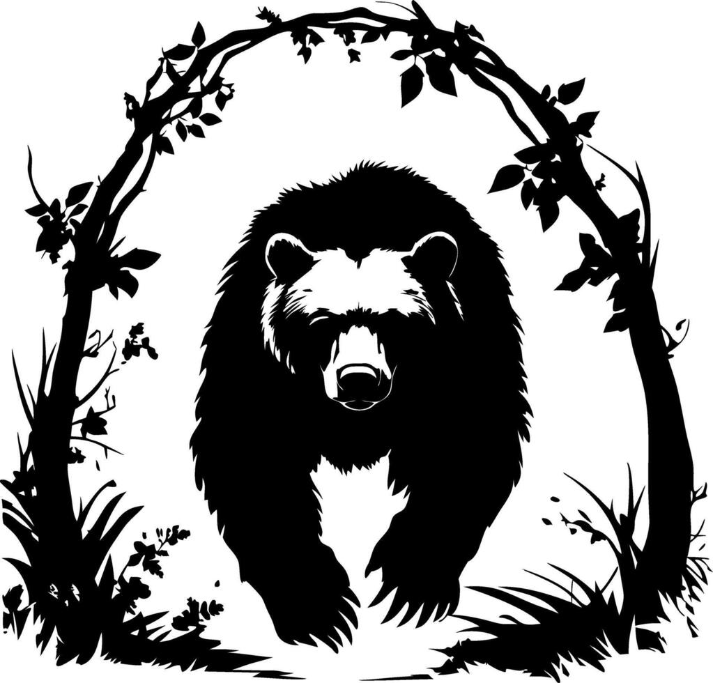Powerful Bear Silhouette Surrounded by Nature for Wildlife Decor Tattoo Design or Art vector