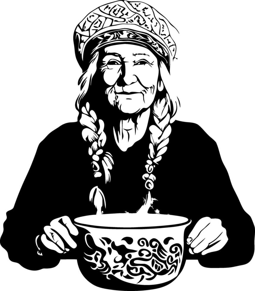 Elderly Woman with Braids Holding Traditional Bowl of Steaming Soup in Warm Colors vector