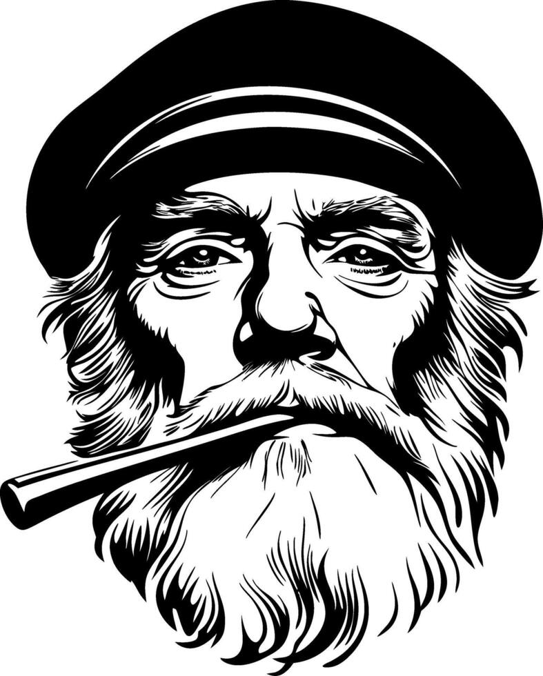 Vintage Fisherman Portrait with Pipe and Hat for Nautical Theme Designs and Illustrations vector