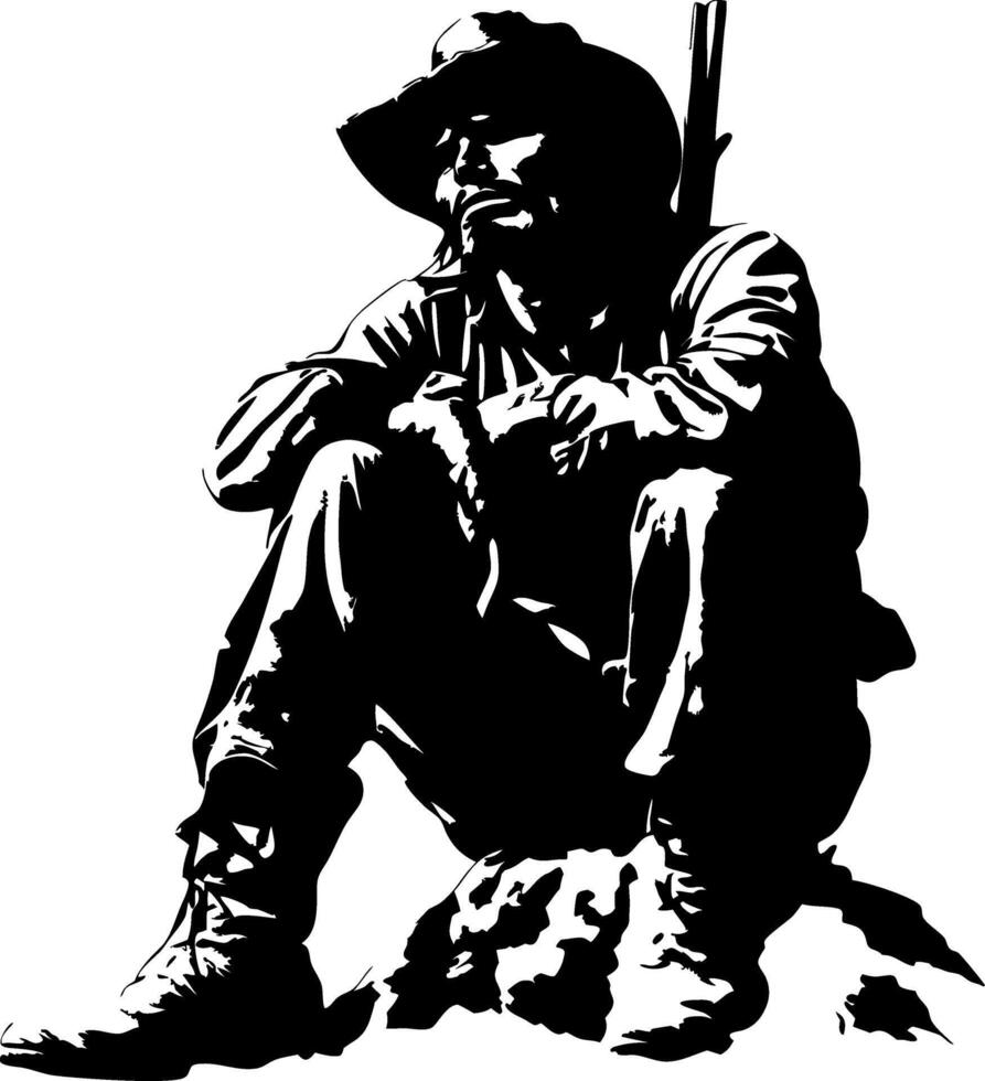 Detailed Silhouette of a Hunter Sitting with a Rifle in Nature for Outdoor Themed Designs vector