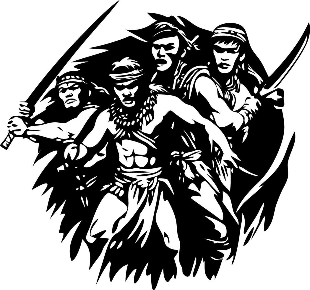 Tribal Warriors with Swords in Dynamic Pose for Adventure Themes and Tattoo Design vector