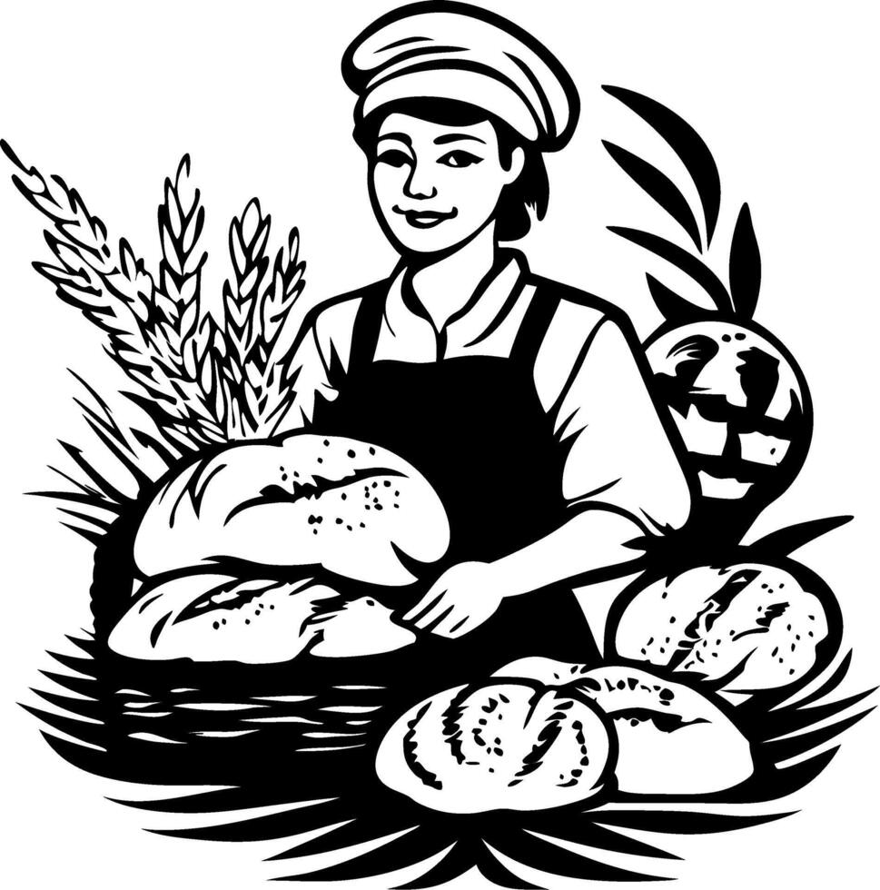 Baker Holding Freshly Baked Bread Surrounded by Wheat and Baked Goods for Artisan Bakery Designs vector