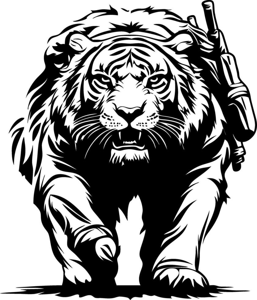 Majestic Tiger Walking with Tactical Gear Bold Illustration for Apparel and Graphic Design vector