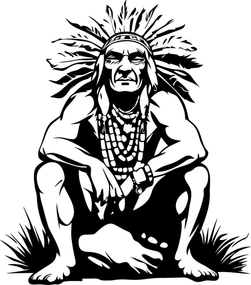 Native American Chief Sitting on Ground with Feathered Headdress and Tribal Jewelry vector
