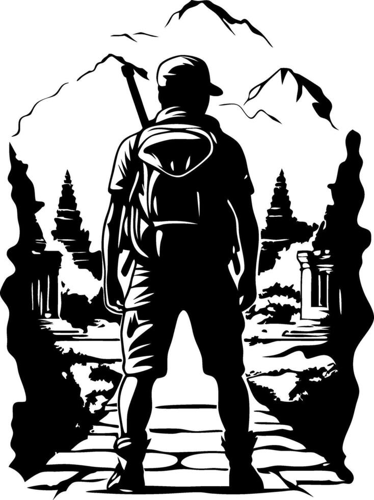 Hiker Standing on Pathway Surrounded by Mountains and Ancient Structures for Adventure Design vector