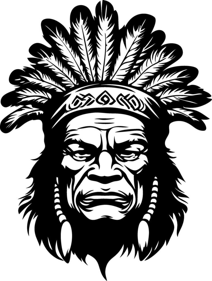Native American Chief Face Mask with Intricate Feather Headpiece for Tattoo and Art Design vector