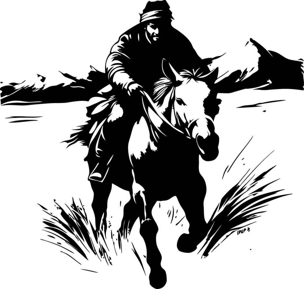 Dynamic Horse Rider Galloping Through Nature for Adventure Artwork Tattoo and Coloring Book vector