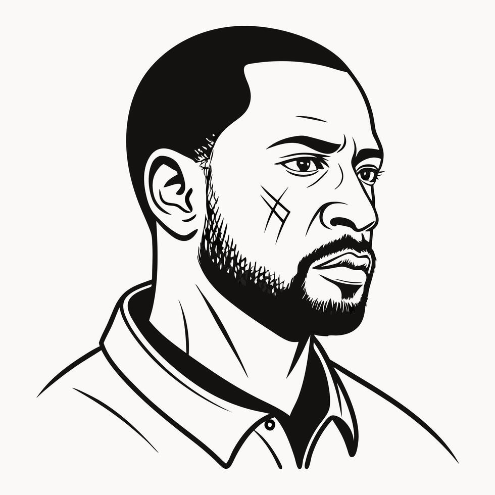 Black and White Portrait of Strong Man with Beard and Facial Scar Ideal for Illustrative Projects vector