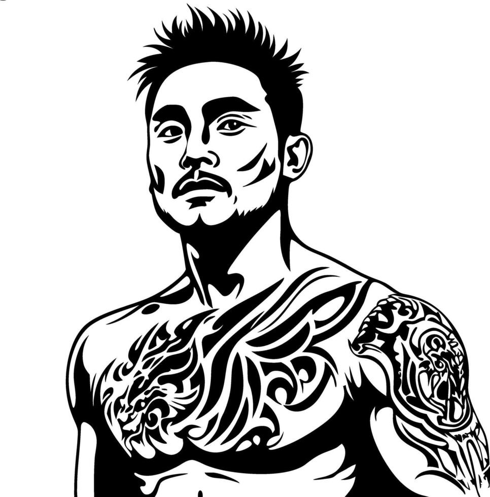 Stylized Tattooed Man Portrait with Intricate Body Art for Design Inspiration vector
