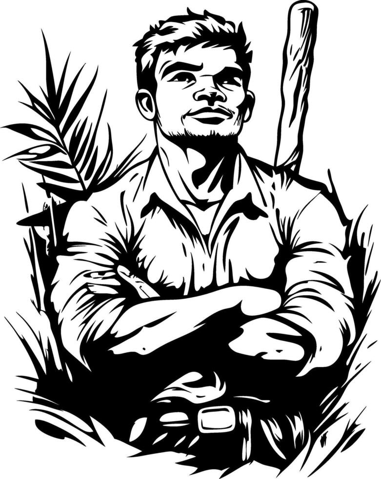 Adventurous Explorer Sitting Confidently in Nature Surrounded by Tropical Plants vector
