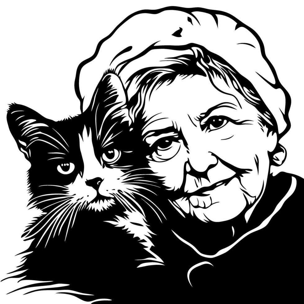 Elderly Woman Embracing Fluffy Black and White Cat Ideal for Home Decor and Pet Lovers vector