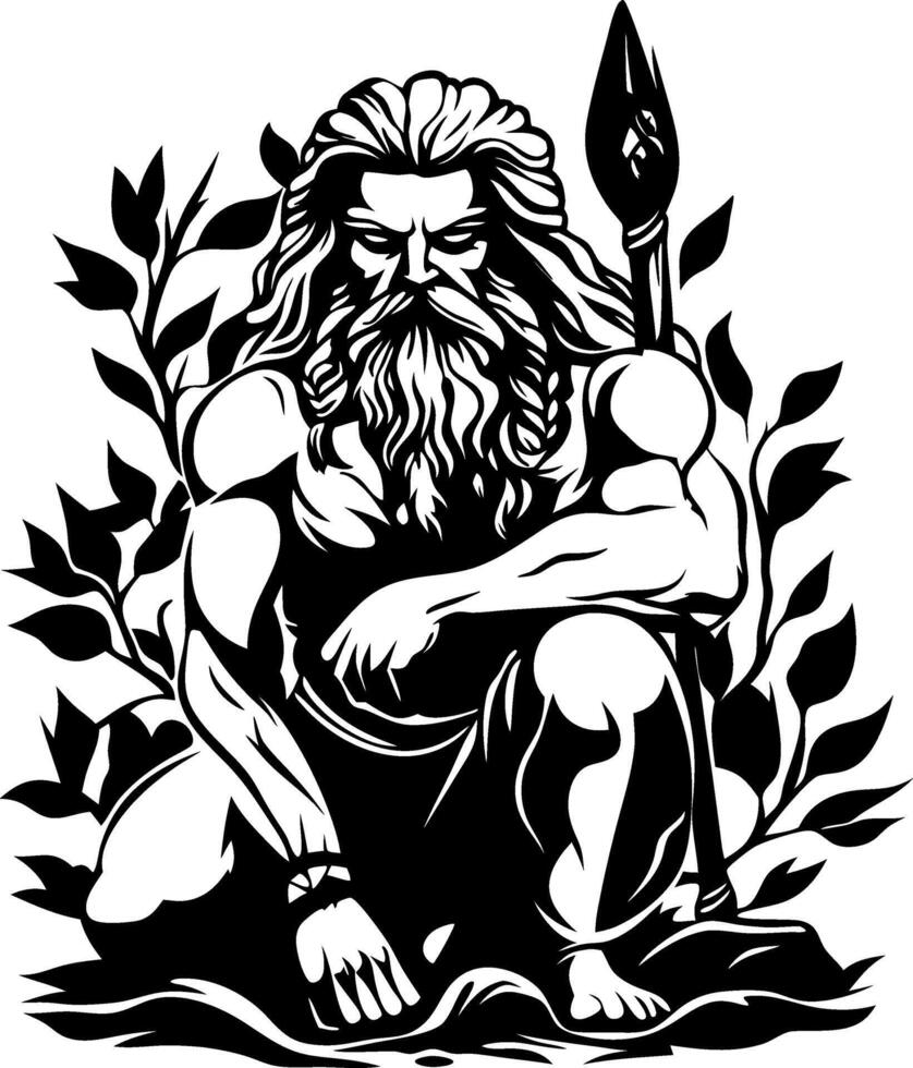 Majestic Ancient God with Spear Surrounded by Lush Greenery for Tattoo and Artwork Design vector