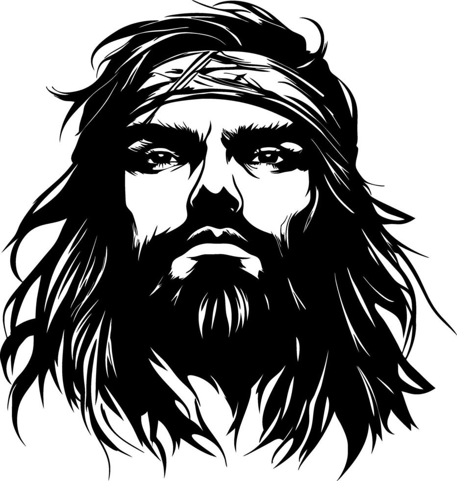 Bold Bearded Warrior Portrait with Long Hair and Headband for Tattoo and Graphic Design vector