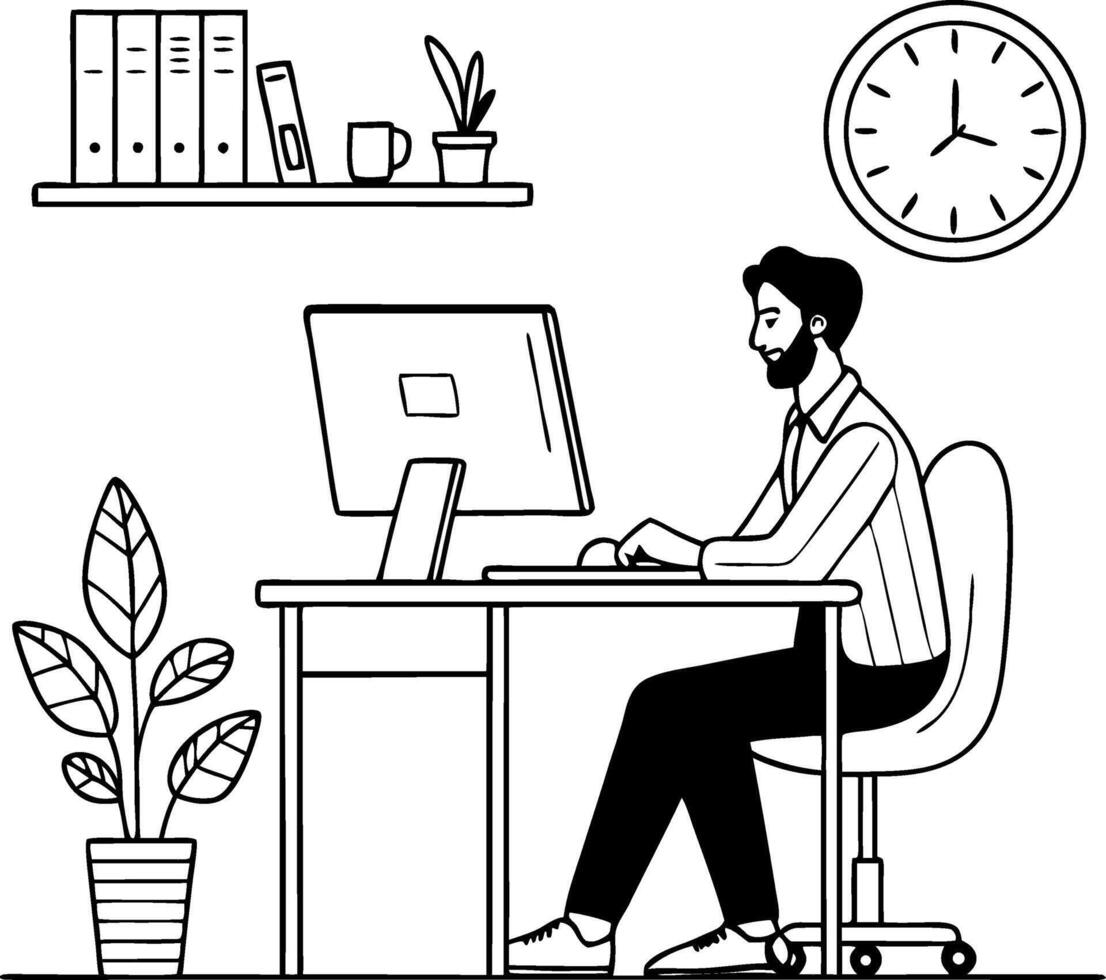 Man Working at Desk with Computer in Office with Clock and Plants for Productivity Themes vector