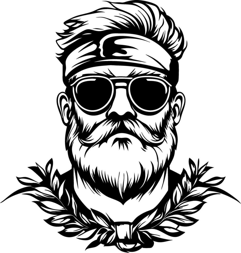 Cool Bearded Man with Sunglasses and Headband Surrounded by Laurel Leaves for Graphic Design vector